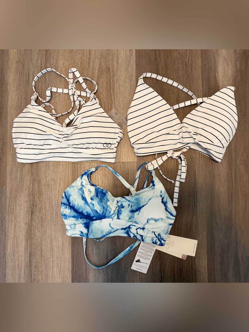 CALIA by Carrie Underwood Blue Tie-Dye and White with Black Stripe Bikini Tops